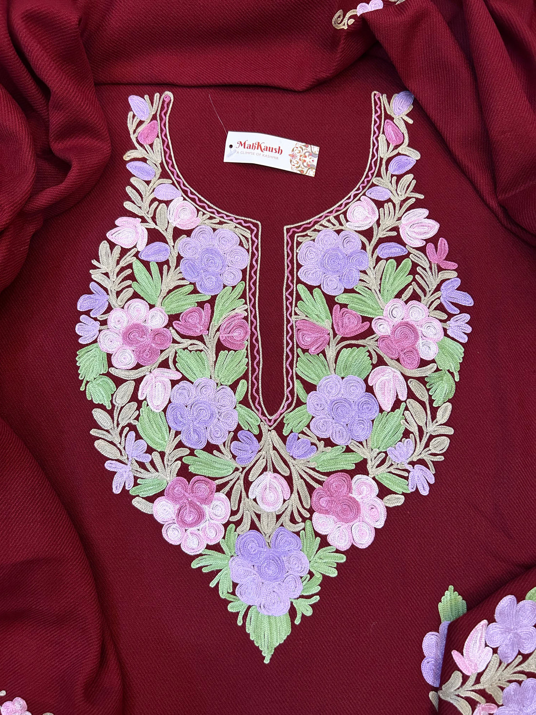 Premium Kashmiri Woolen Suit Set with Aari Embroidery | Winter Wear Fabric with Shawl & Bottom (Maroon)