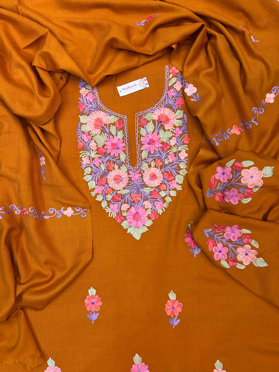 Premium Kashmiri Woolen Suit Set with Aari Embroidery | Winter Wear Fabric with Shawl & Bottom (Mustard)