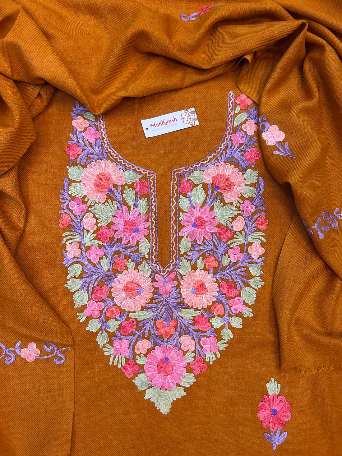 Premium Kashmiri Woolen Suit Set with Aari Embroidery | Winter Wear Fabric with Shawl & Bottom (Mustard)