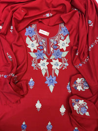 Premium Kashmiri Woolen Suit Set with Aari Embroidery | Winter Wear Fabric with Shawl & Bottom (Red)