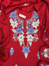 Premium Kashmiri Woolen Suit Set with Aari Embroidery | Winter Wear Fabric with Shawl & Bottom (Red)