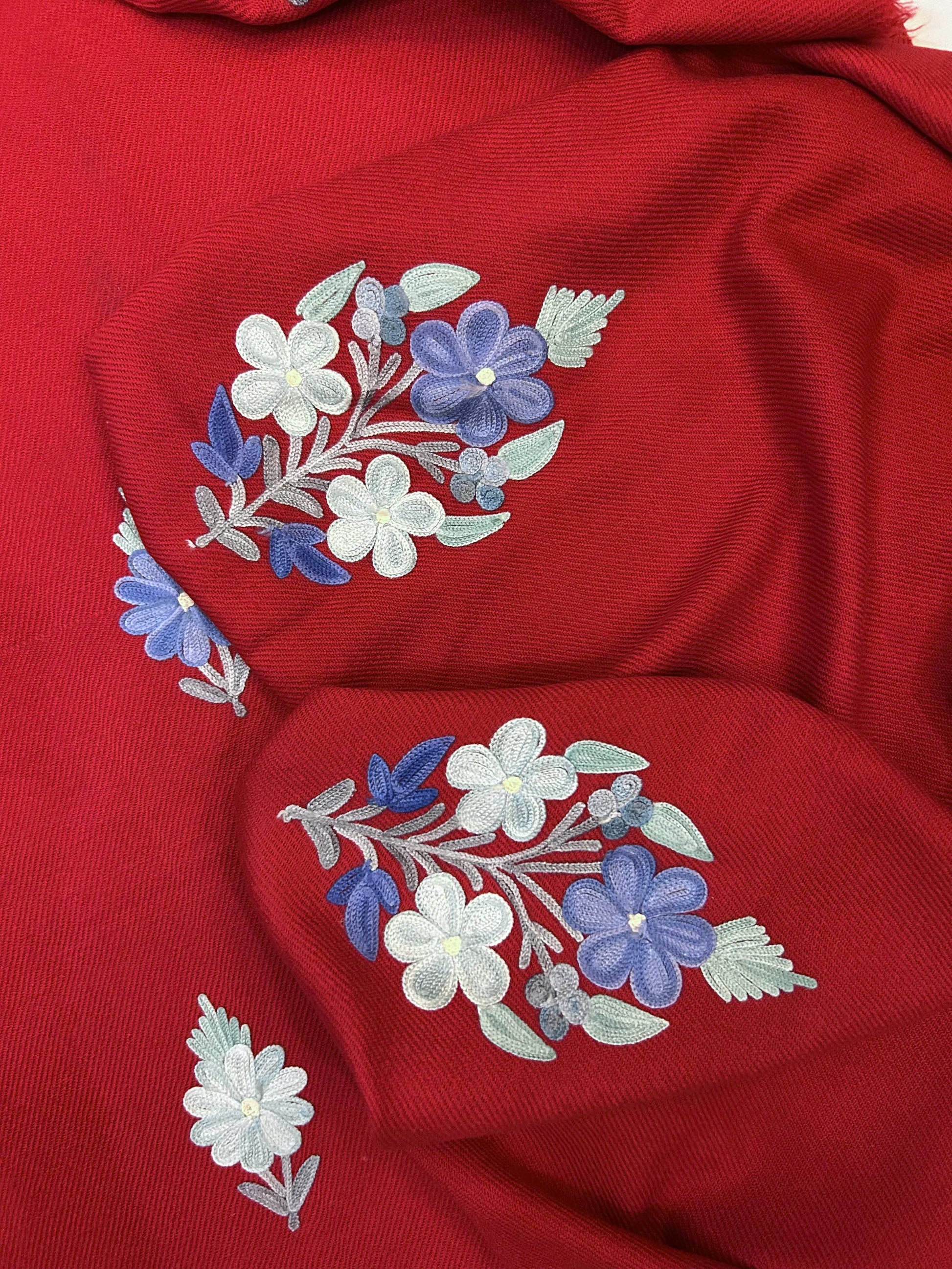 Premium Kashmiri Woolen Suit Set with Aari Embroidery | Winter Wear Fabric with Shawl & Bottom (Red)