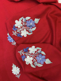 Premium Kashmiri Woolen Suit Set with Aari Embroidery | Winter Wear Fabric with Shawl & Bottom (Red)
