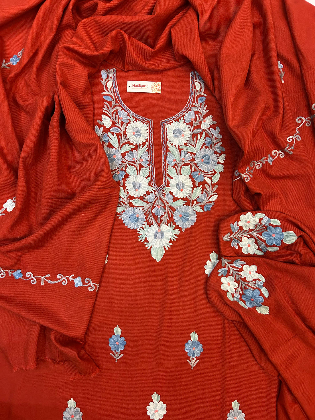 Premium Kashmiri Woolen Suit Set with Aari Embroidery | Winter Wear Fabric with Shawl & Bottom (Orange)