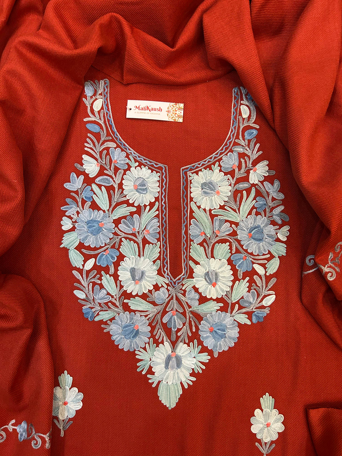 Premium Kashmiri Woolen Suit Set with Aari Embroidery | Winter Wear Fabric with Shawl & Bottom (Orange)