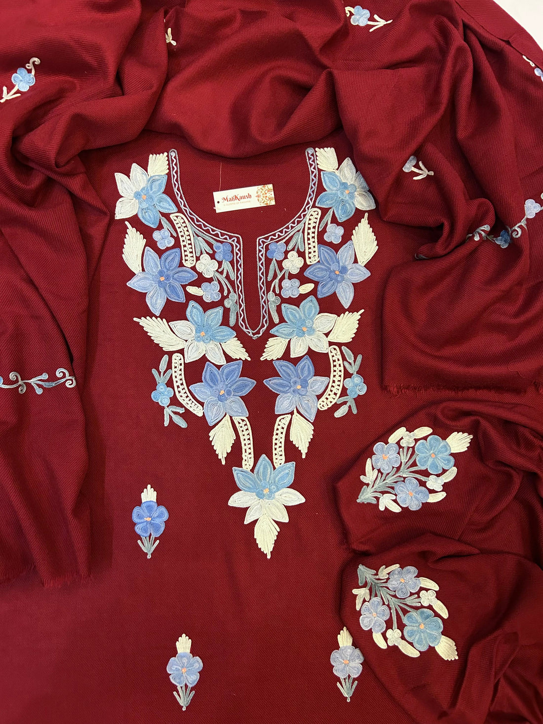 Premium Kashmiri Woolen Suit Set with Aari Embroidery | Winter Wear Fabric with Shawl & Bottom (Maroon)
