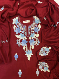 Premium Kashmiri Woolen Suit Set with Aari Embroidery | Winter Wear Fabric with Shawl & Bottom (Maroon)
