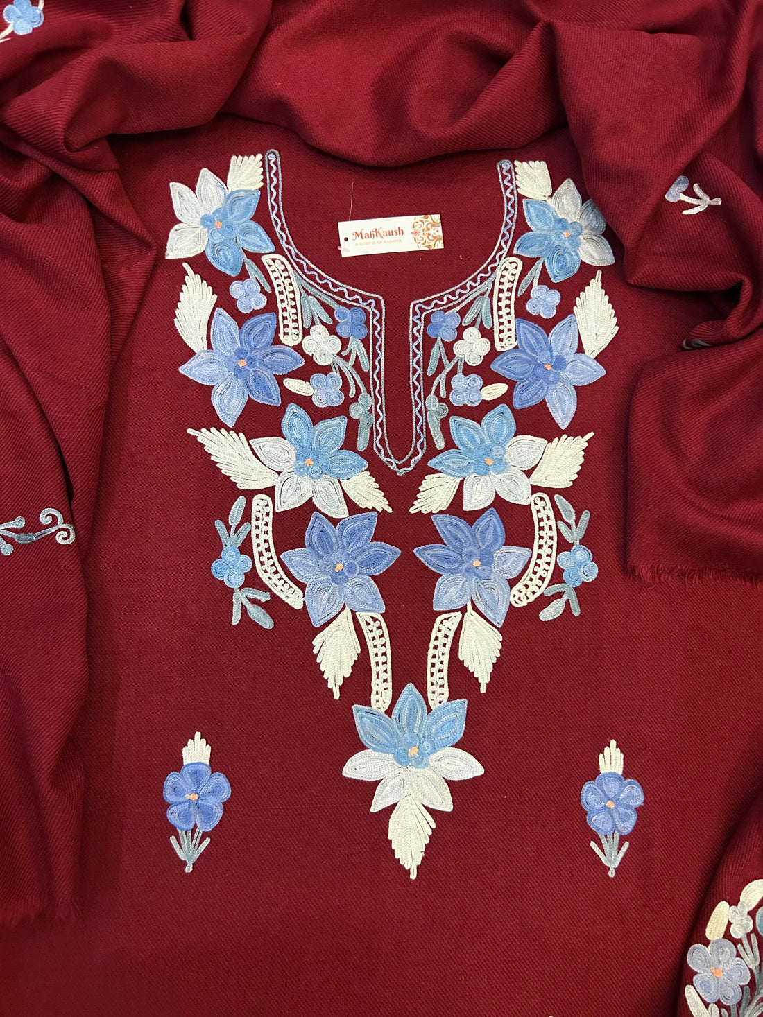 Premium Kashmiri Woolen Suit Set with Aari Embroidery | Winter Wear Fabric with Shawl & Bottom (Maroon)