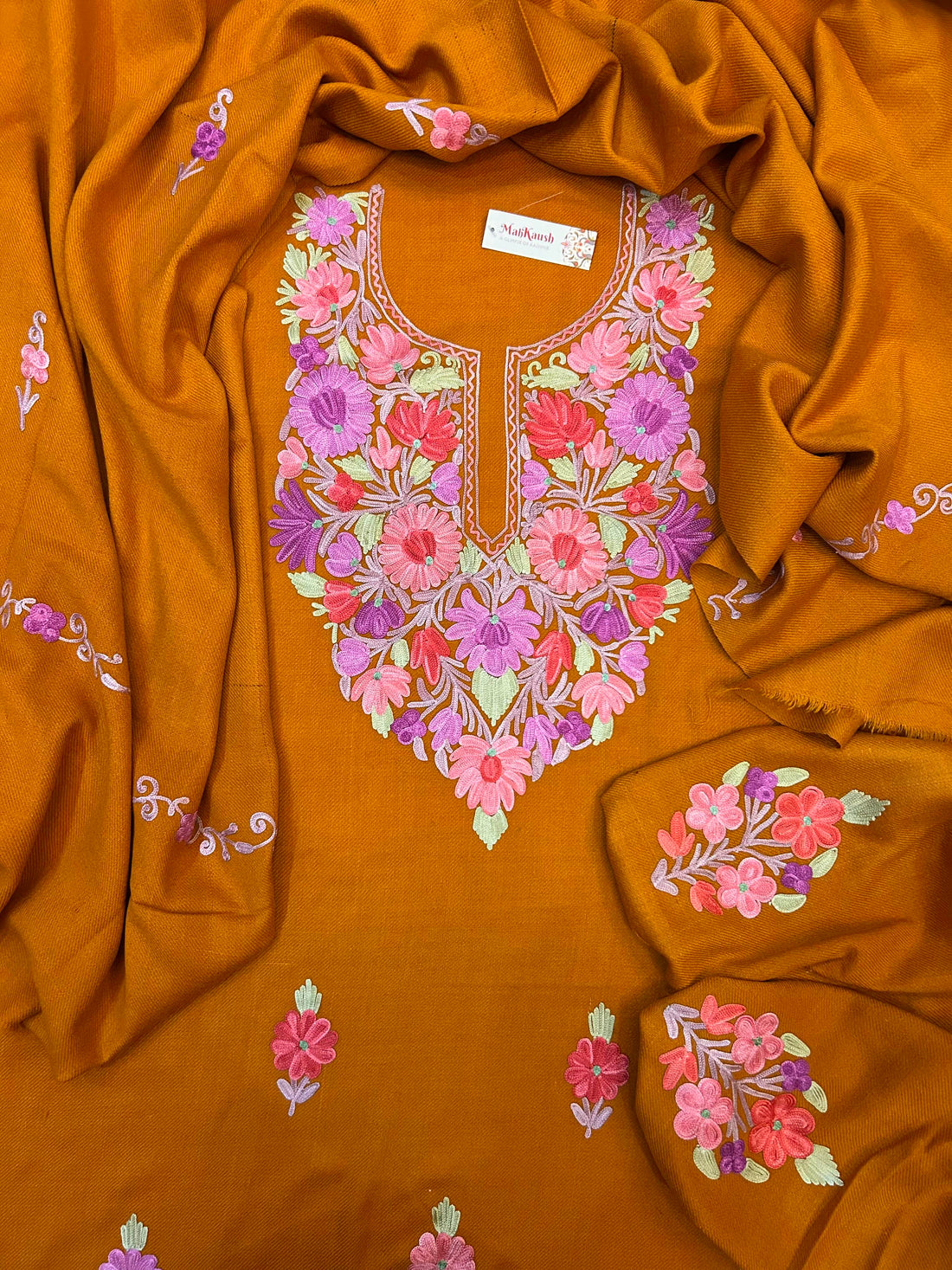 Premium Kashmiri Woolen Suit Set with Aari Embroidery | Winter Wear Fabric with Shawl & Bottom (Mustard)