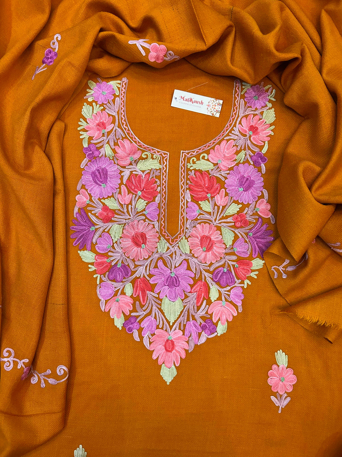 Premium Kashmiri Woolen Suit Set with Aari Embroidery | Winter Wear Fabric with Shawl & Bottom (Mustard)