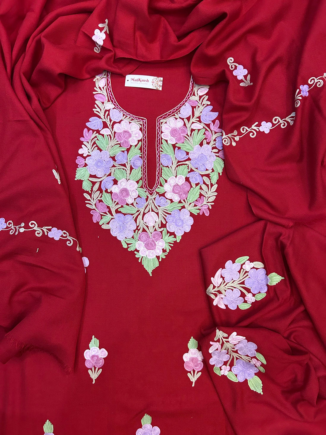 Premium Kashmiri Woolen Suit Set with Aari Embroidery | Winter Wear Fabric with Shawl & Bottom (Red)