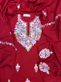 Premium Kashmiri Woolen Suit Set with Aari Embroidery | Winter Wear Fabric with Shawl & Bottom (Red)