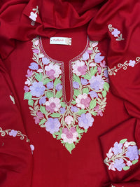 Premium Kashmiri Woolen Suit Set with Aari Embroidery | Winter Wear Fabric with Shawl & Bottom (Red)