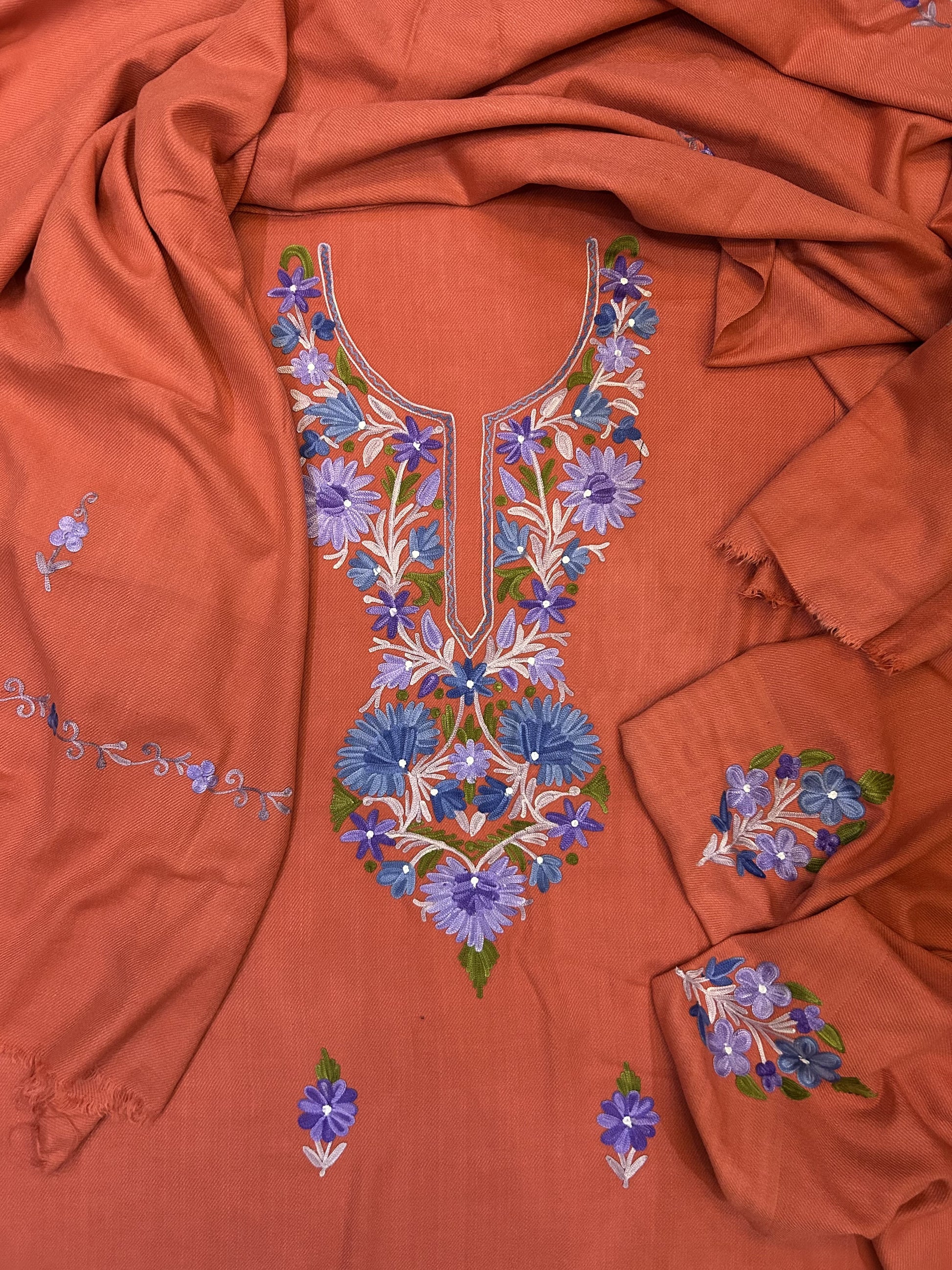 Premium Kashmiri Woolen Suit Set with Aari Embroidery | Winter Wear Fabric with Shawl & Bottom (Peach)