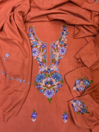 Premium Kashmiri Woolen Suit Set with Aari Embroidery | Winter Wear Fabric with Shawl & Bottom (Peach)