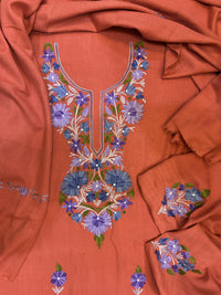 Premium Kashmiri Woolen Suit Set with Aari Embroidery | Winter Wear Fabric with Shawl & Bottom (Peach)