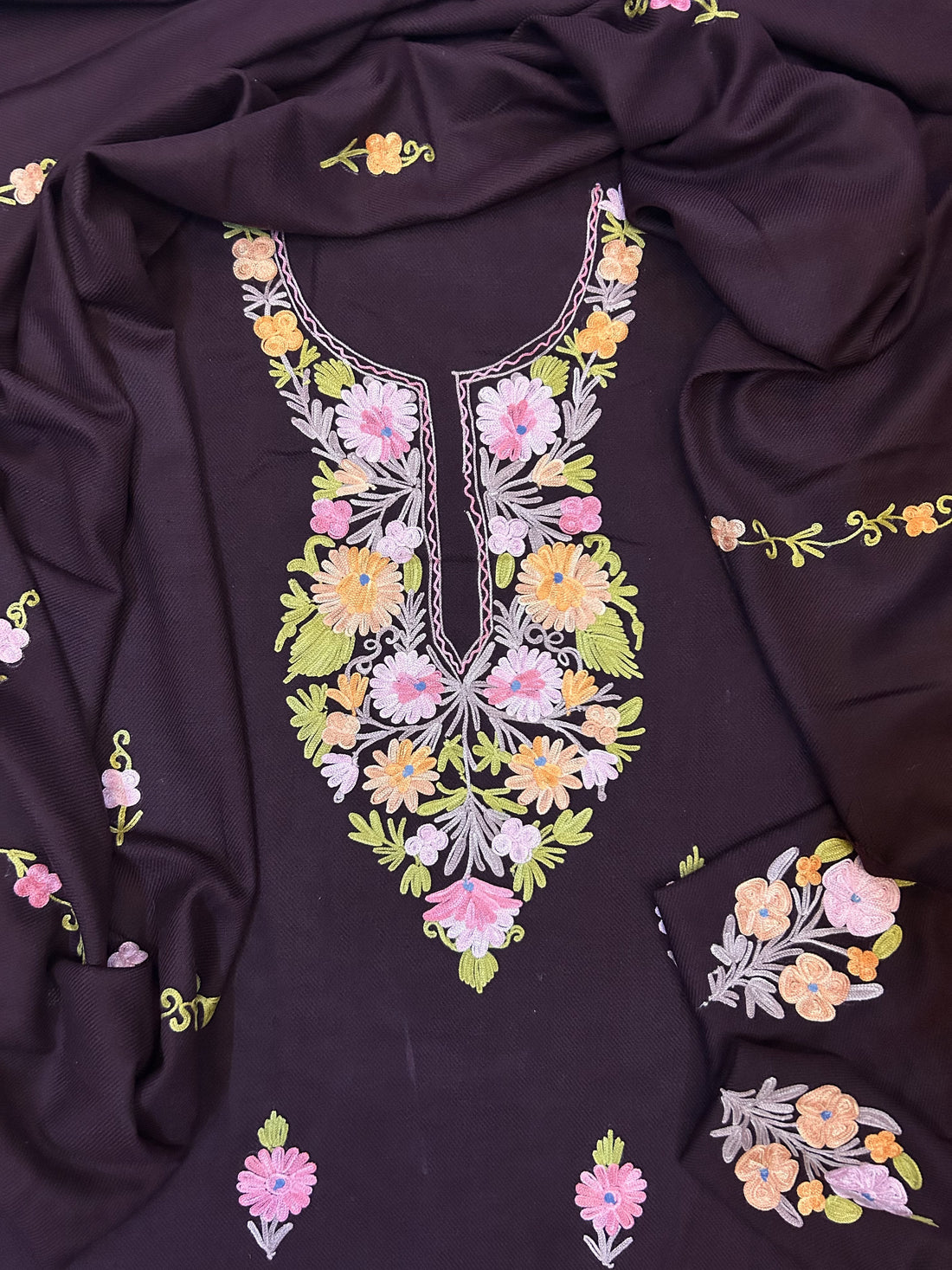 Premium Kashmiri Woolen Suit Set with Aari Embroidery | Winter Wear Fabric with Shawl & Bottom (Wine)