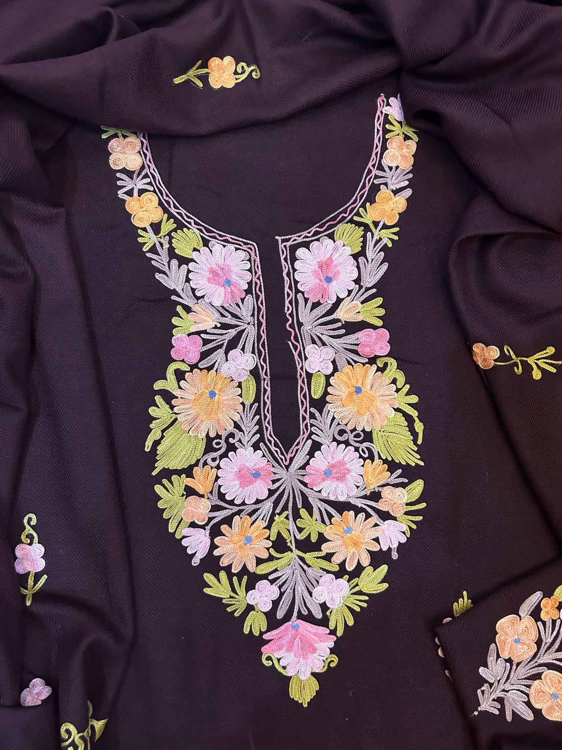 Premium Kashmiri Woolen Suit Set with Aari Embroidery | Winter Wear Fabric with Shawl & Bottom (Wine)