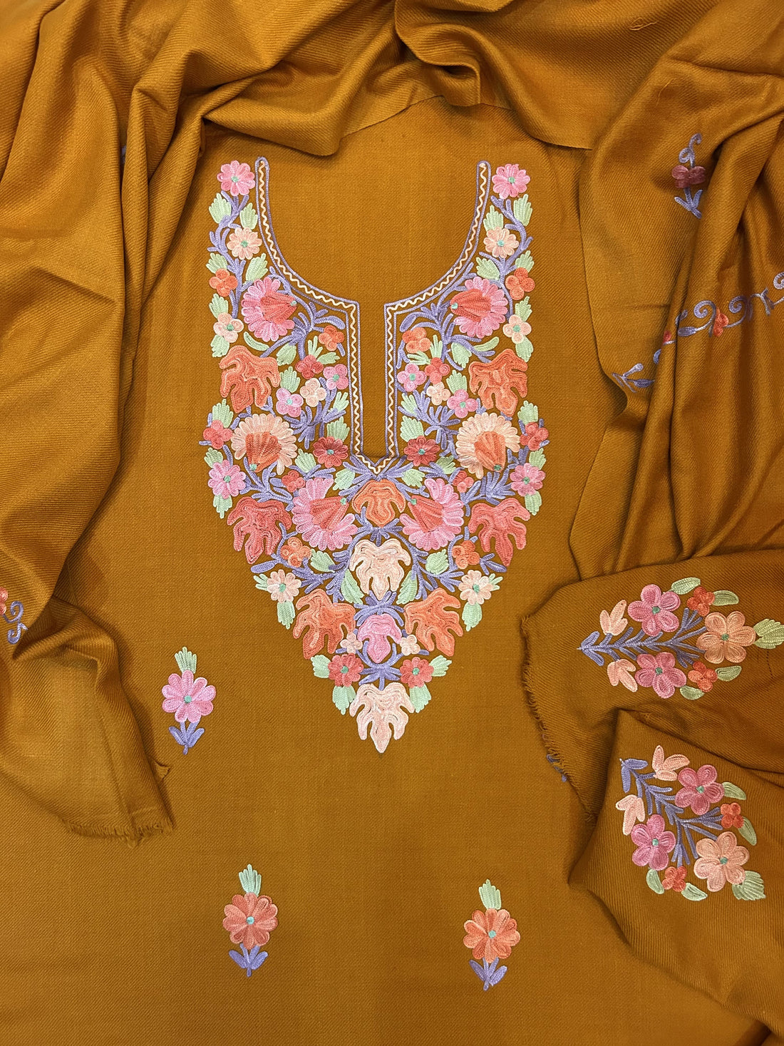 Premium Kashmiri Woolen Suit Set with Aari Embroidery | Winter Wear Fabric with Shawl & Bottom (Mustard)