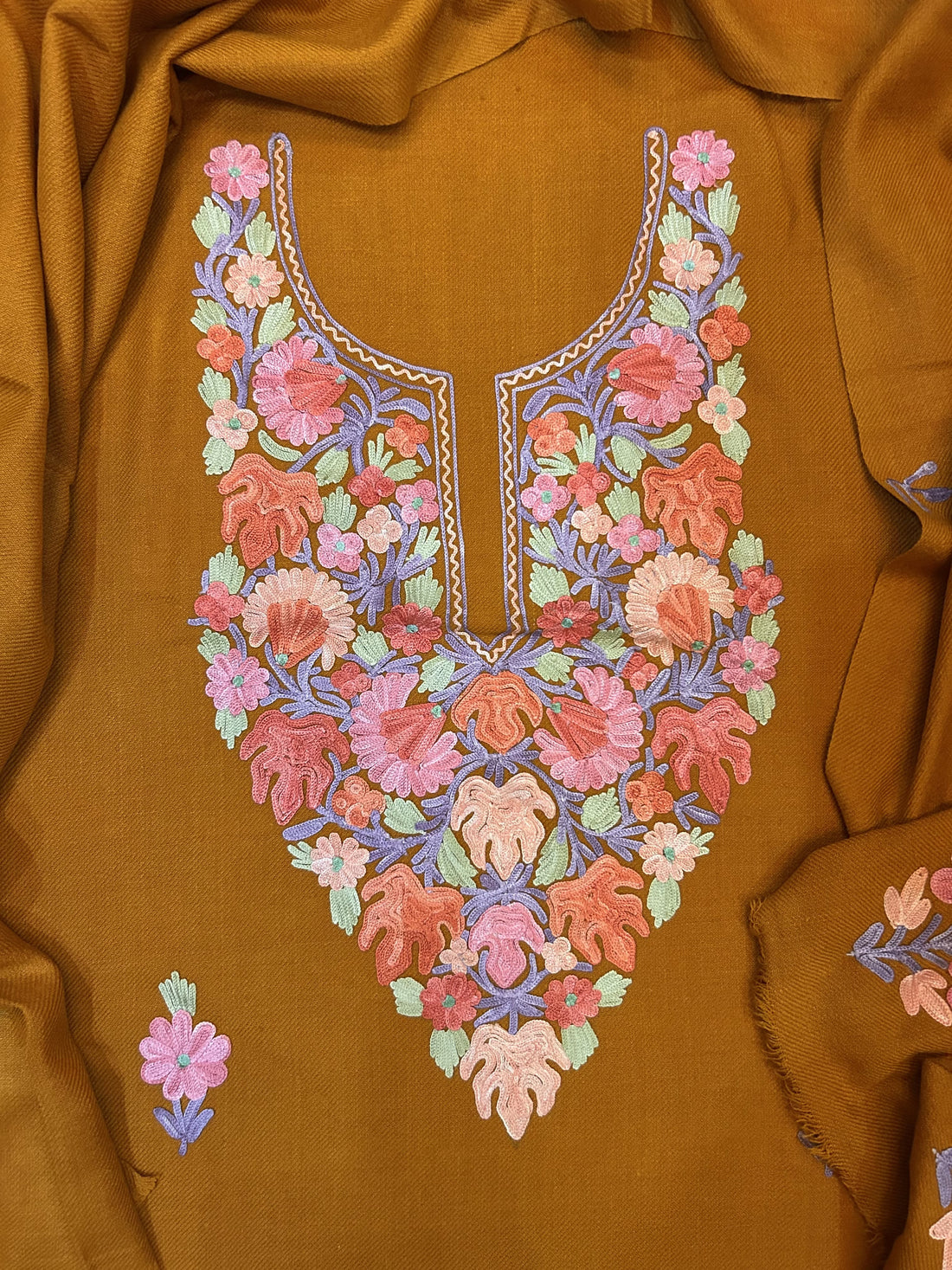 Premium Kashmiri Woolen Suit Set with Aari Embroidery | Winter Wear Fabric with Shawl & Bottom (Mustard)