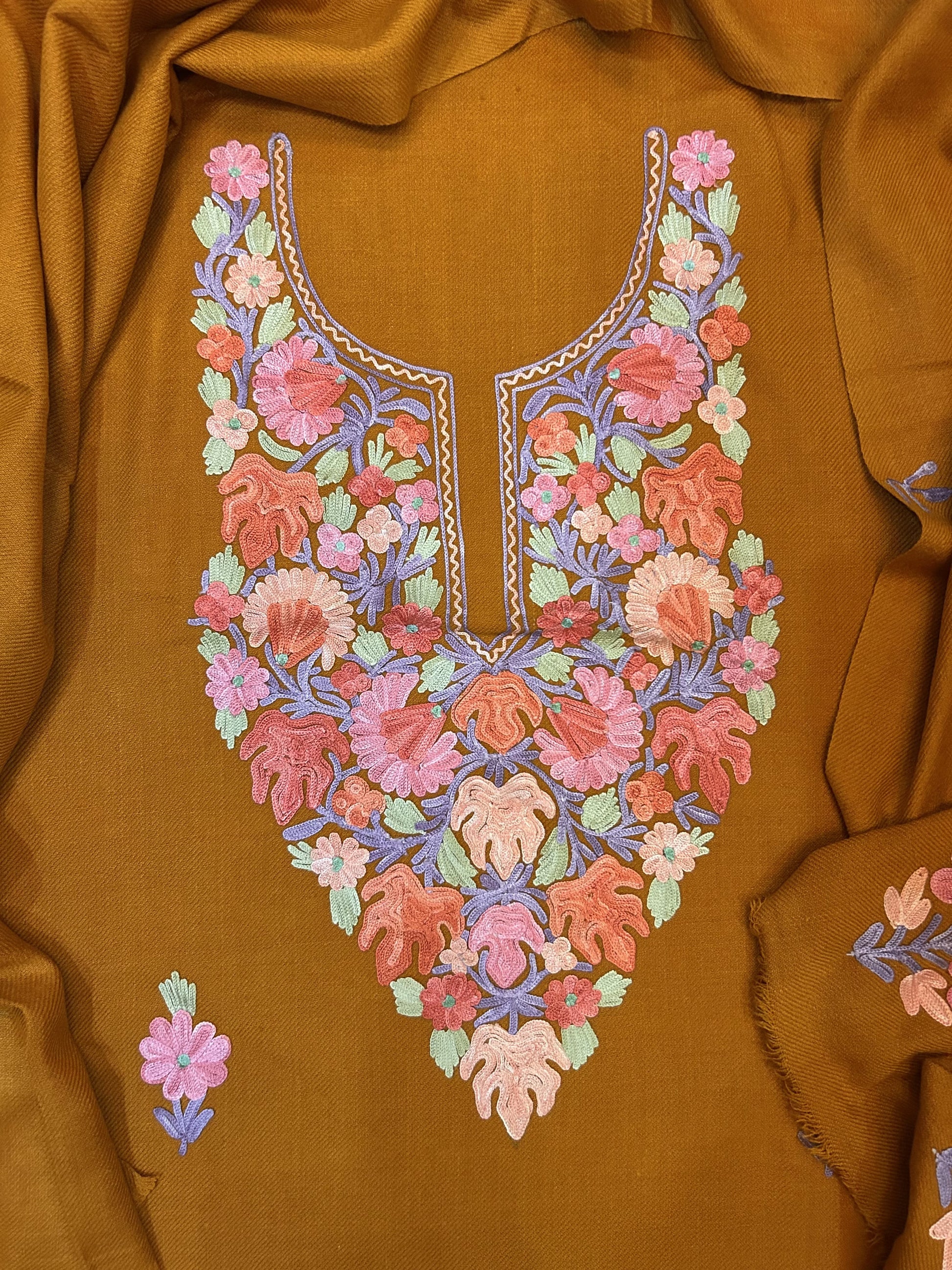 Premium Kashmiri Woolen Suit Set with Aari Embroidery | Winter Wear Fabric with Shawl & Bottom (Mustard)