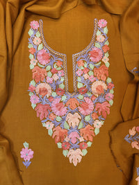 Premium Kashmiri Woolen Suit Set with Aari Embroidery | Winter Wear Fabric with Shawl & Bottom (Mustard)