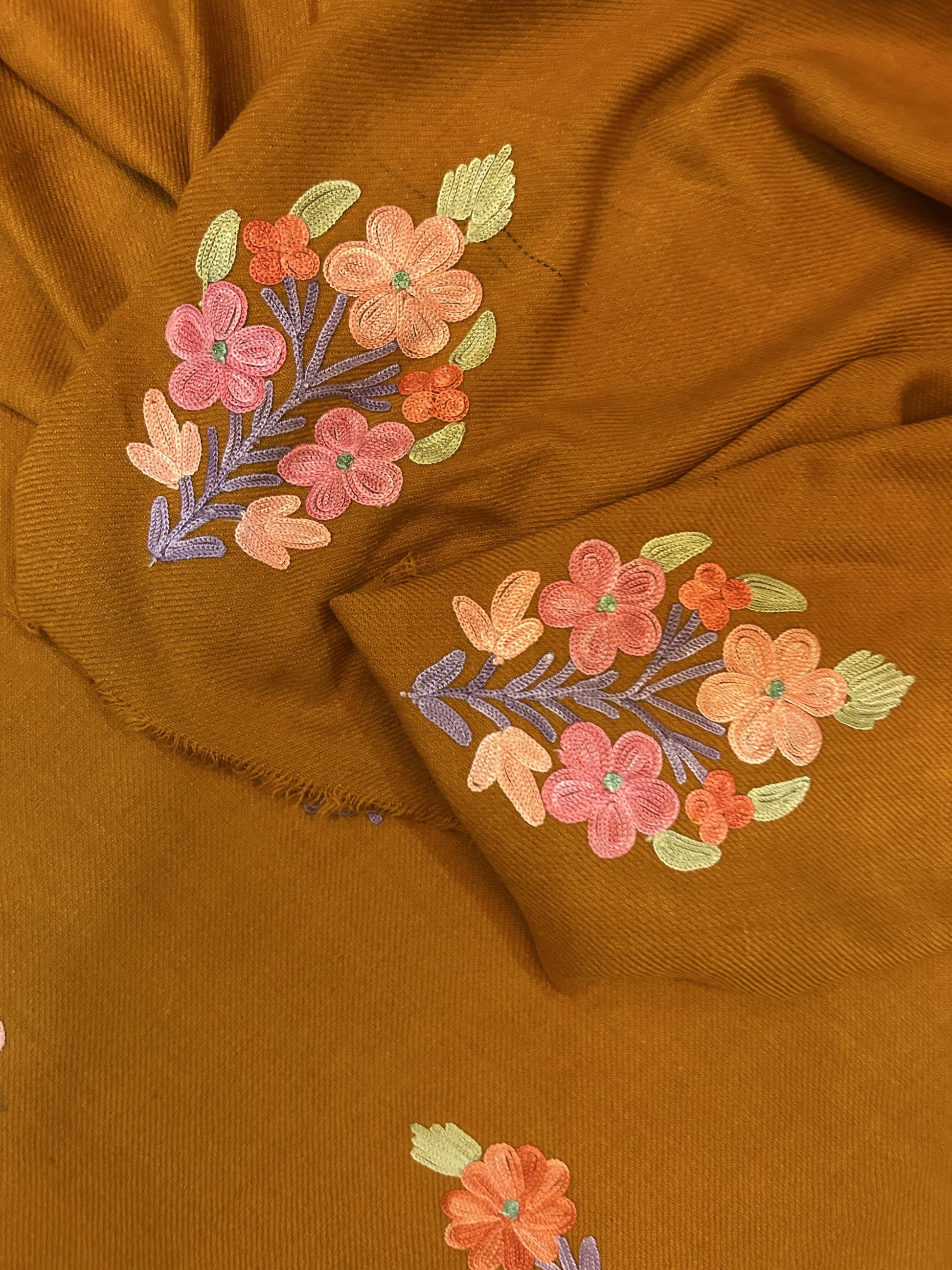 Premium Kashmiri Woolen Suit Set with Aari Embroidery | Winter Wear Fabric with Shawl & Bottom (Mustard)