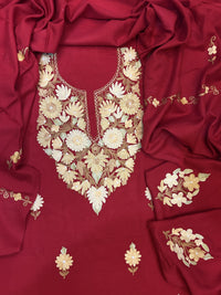 Premium Kashmiri Woolen Suit Set with Aari Embroidery | Winter Wear Fabric with Shawl & Bottom (Red)
