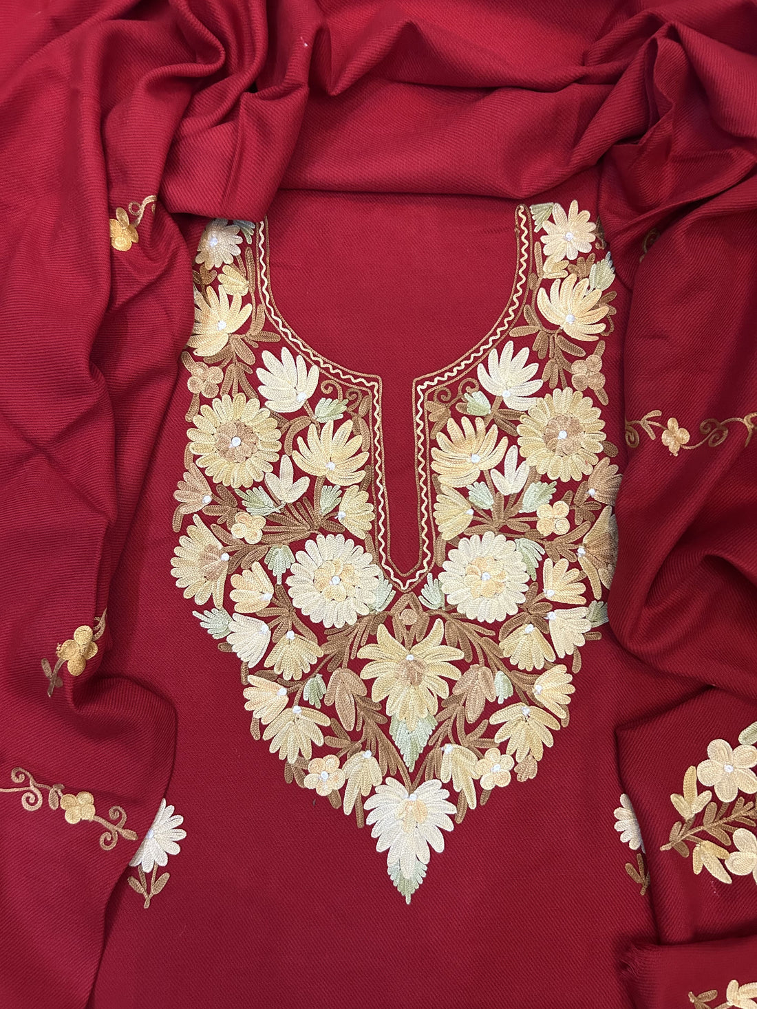 Premium Kashmiri Woolen Suit Set with Aari Embroidery | Winter Wear Fabric with Shawl & Bottom (Red)