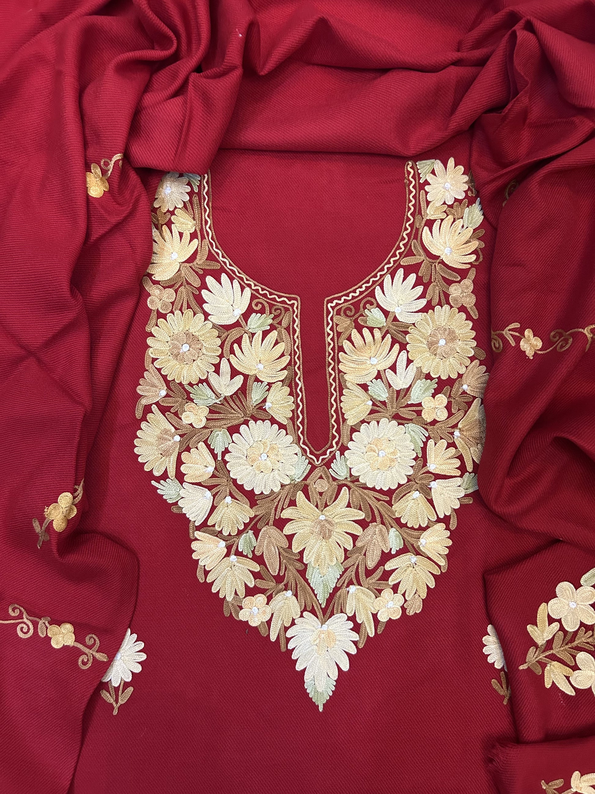 Premium Kashmiri Woolen Suit Set with Aari Embroidery | Winter Wear Fabric with Shawl & Bottom (Red)