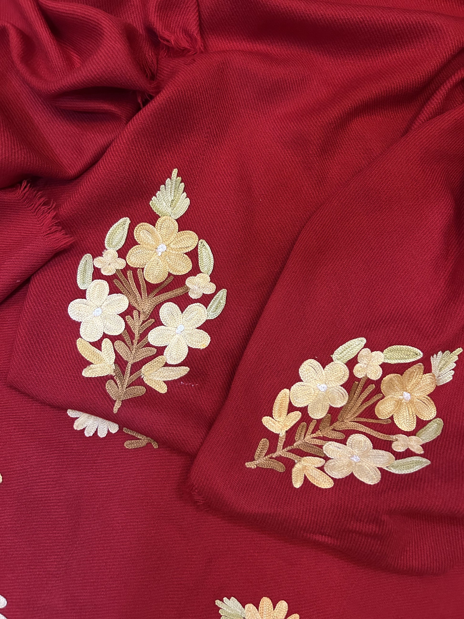 Premium Kashmiri Woolen Suit Set with Aari Embroidery | Winter Wear Fabric with Shawl & Bottom (Red)