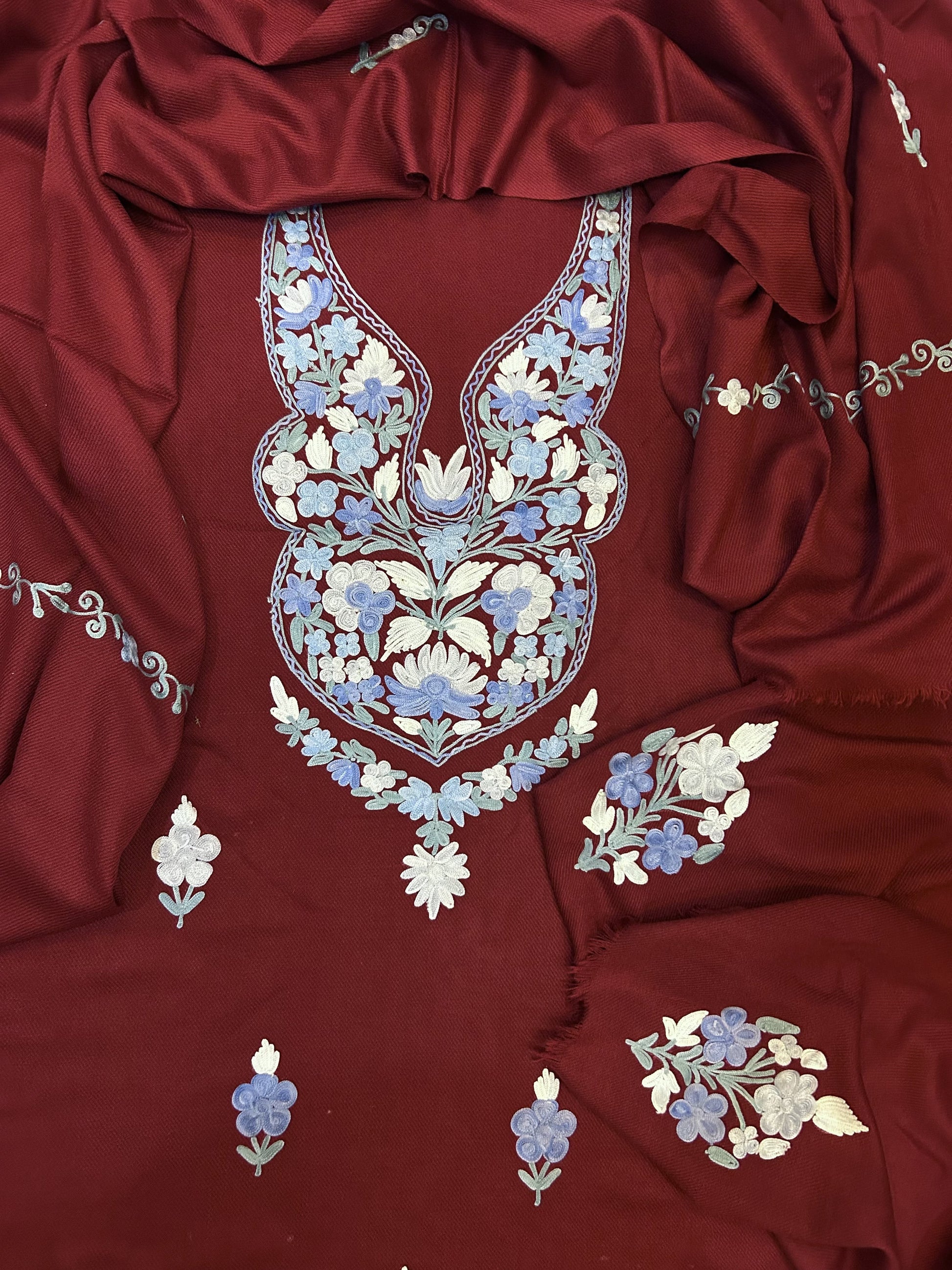 Premium Kashmiri Woolen Suit Set with Aari Embroidery | Winter Wear Fabric with Shawl & Bottom (Maroon)
