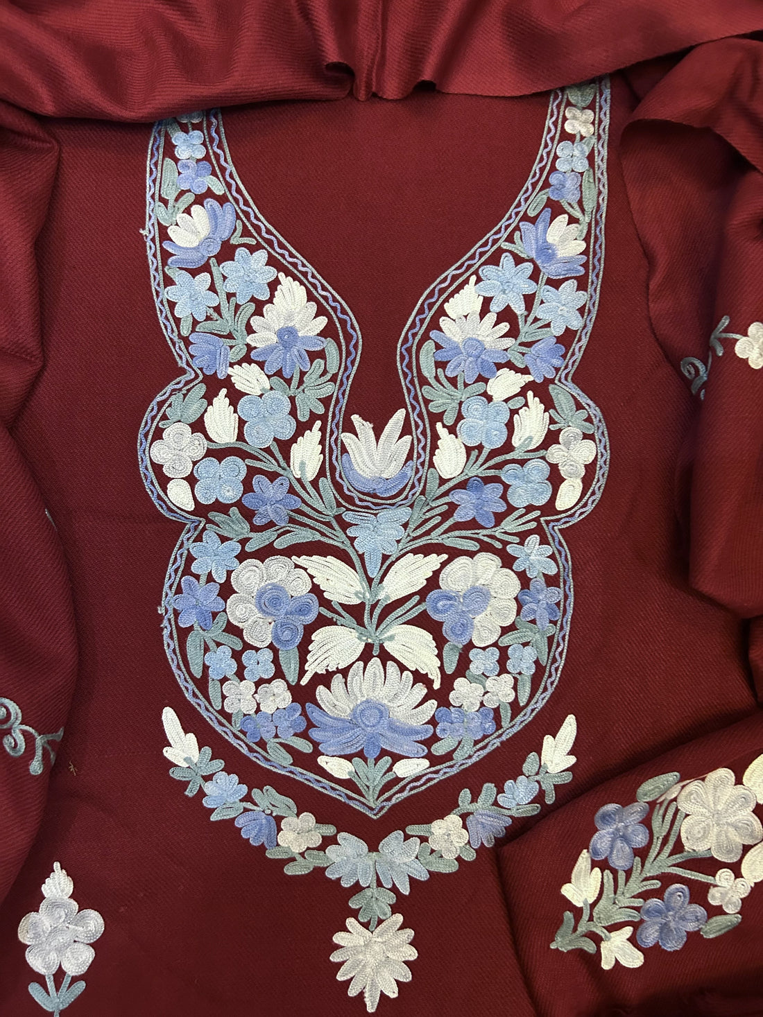 Premium Kashmiri Woolen Suit Set with Aari Embroidery | Winter Wear Fabric with Shawl & Bottom (Maroon)