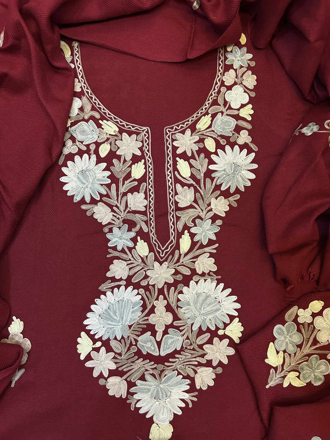 Premium Kashmiri Woolen Suit Set with Aari Embroidery | Winter Wear Fabric with Shawl & Bottom (Maroon)