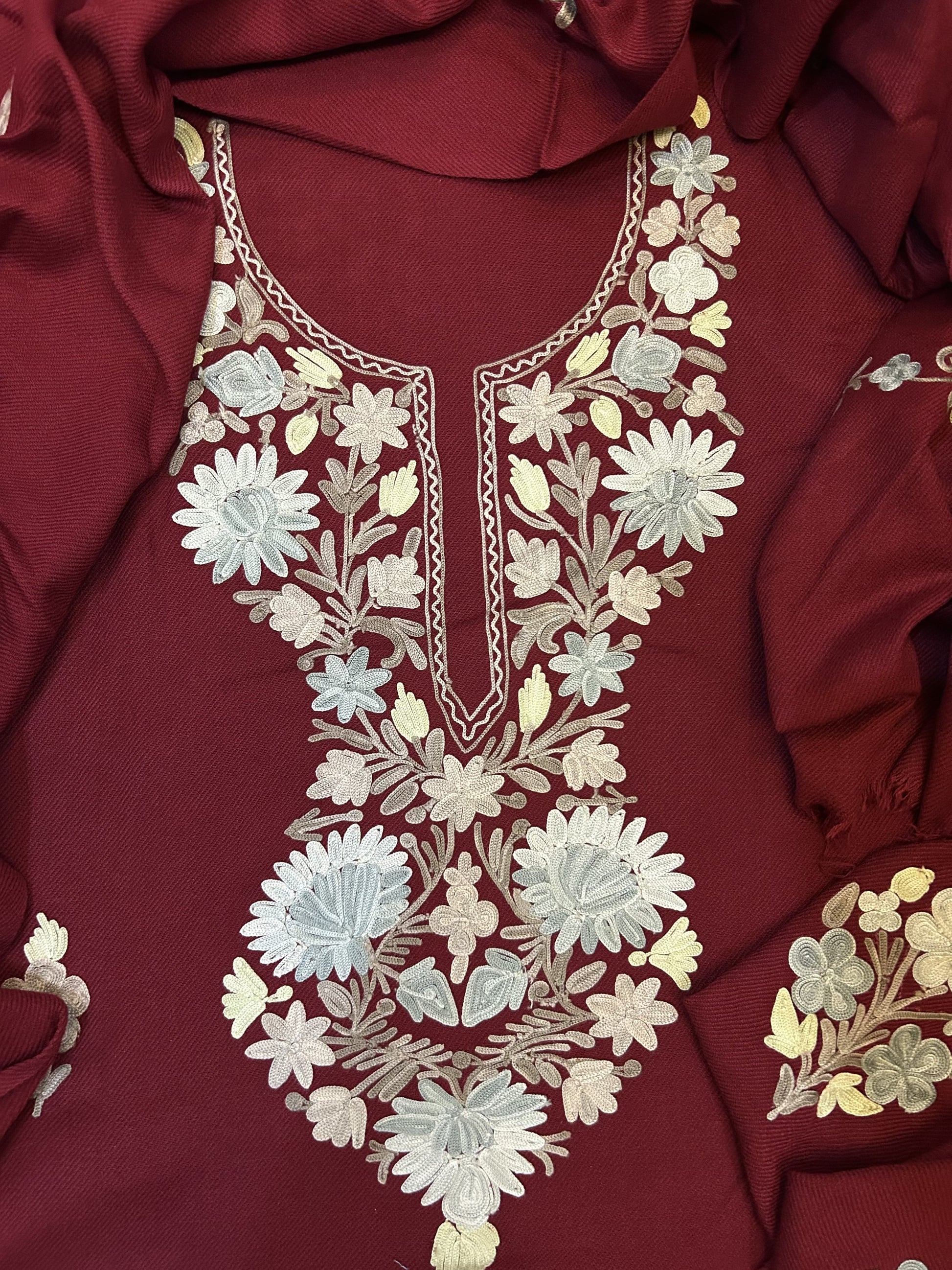 Premium Kashmiri Woolen Suit Set with Aari Embroidery | Winter Wear Fabric with Shawl & Bottom (Maroon)