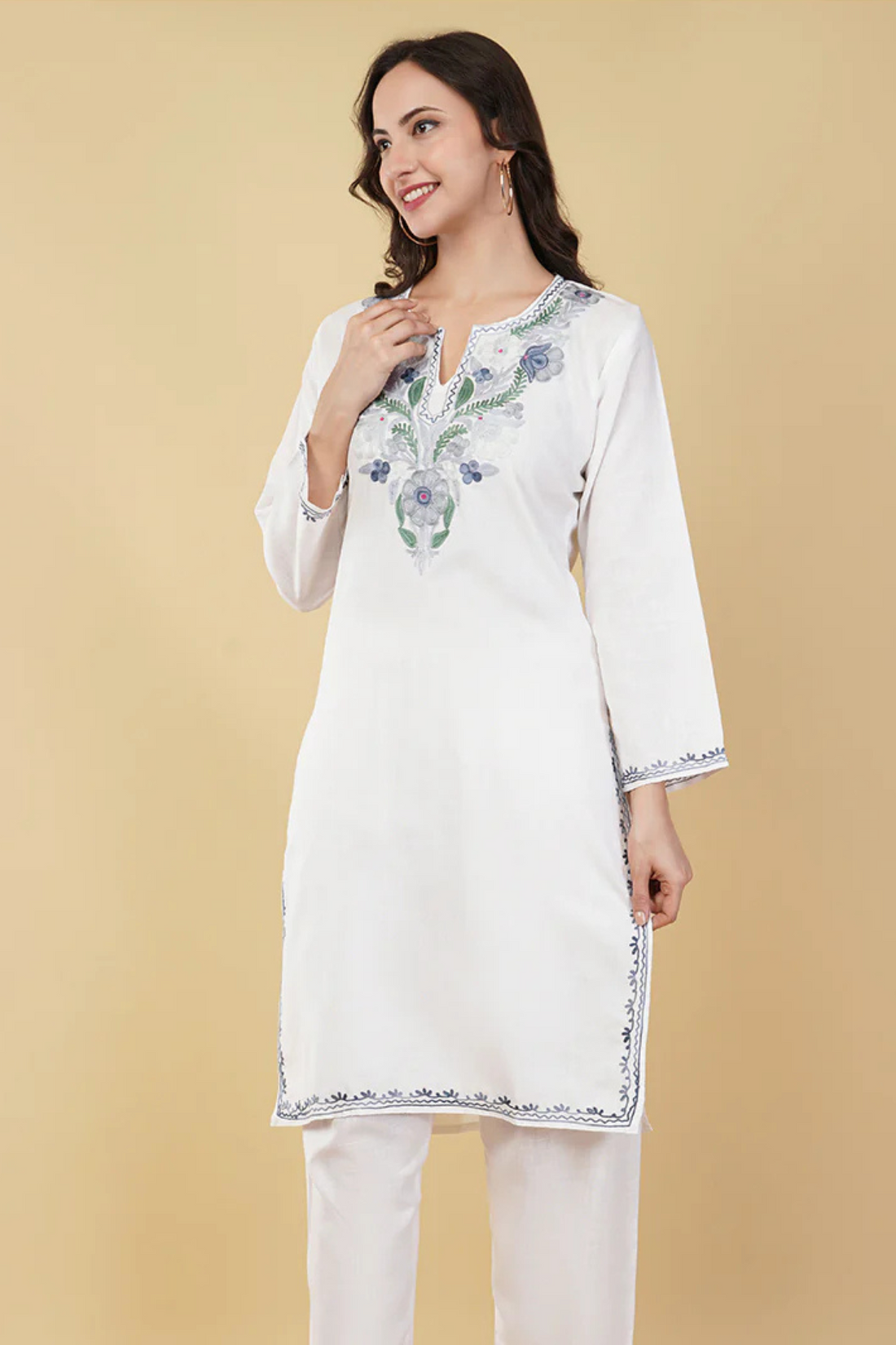 Kashmiri Aari embroidery Cotton Co-ord set Size-38 (White)