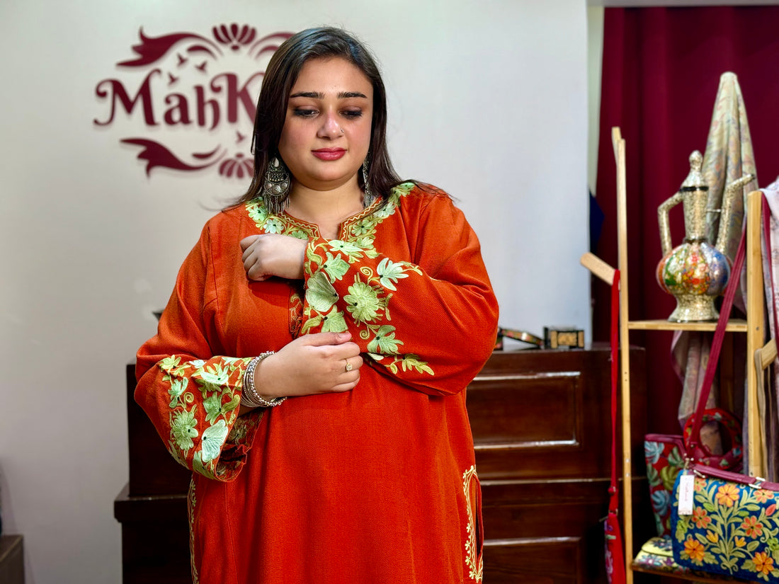 Floral daman embroidery kashmiri pheran ( Rust )