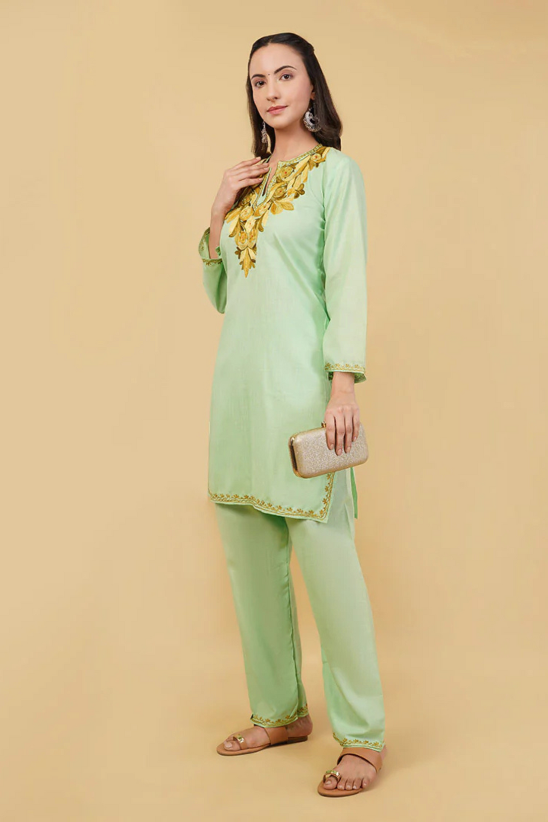 Kashmiri Aari embroidery Cotton Co-ord set Size-36 (Green)