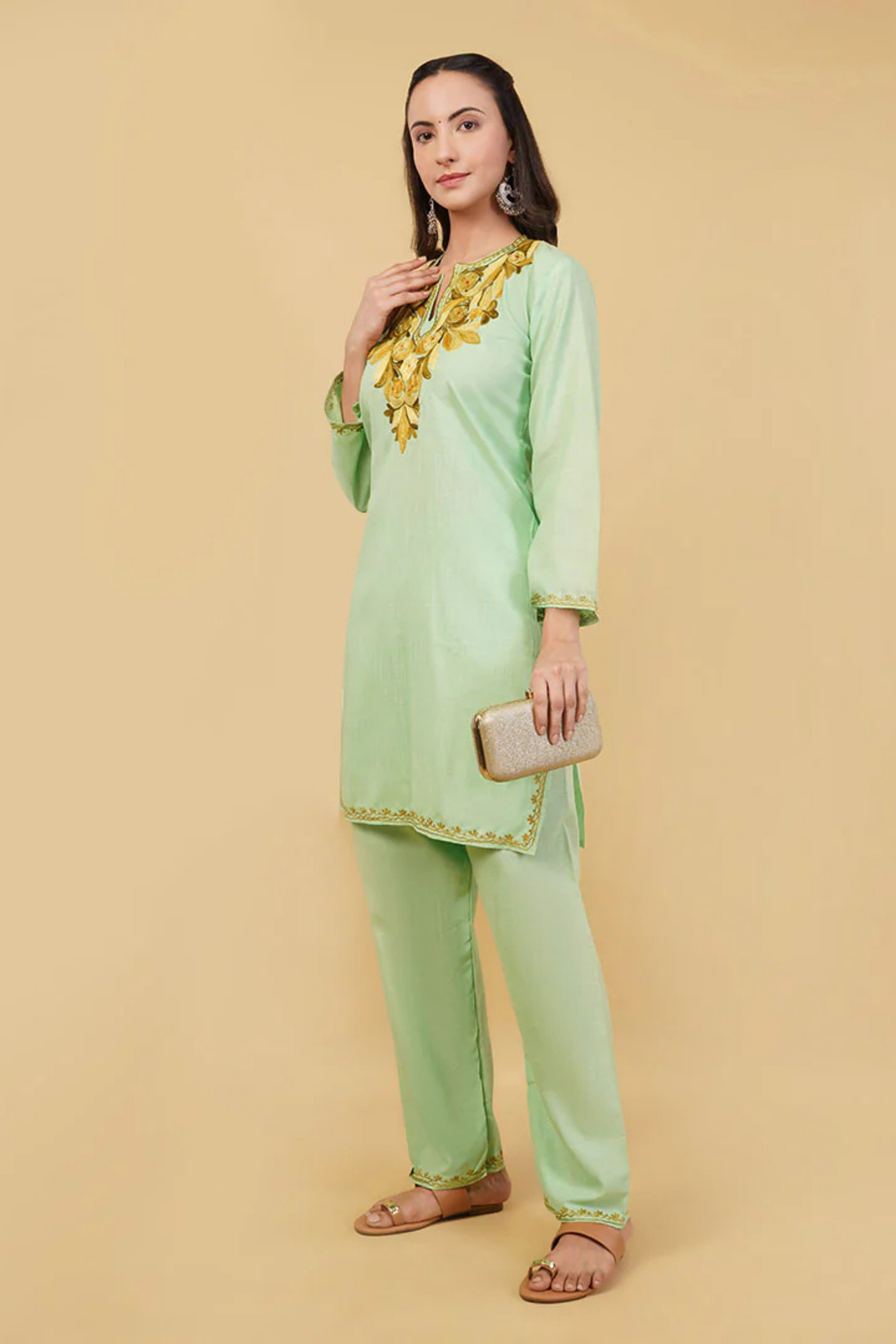Kashmiri Aari embroidery Cotton Co-ord set Size-36 (Green)