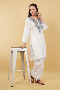 Kashmiri Aari embroidery Cotton Co-ord set Size-36 (White)