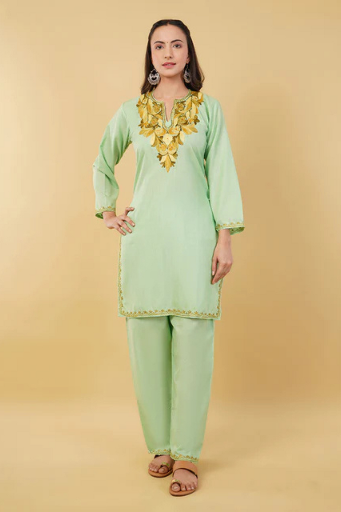 Kashmiri Aari embroidery Cotton Co-ord set Size-36 (Green)
