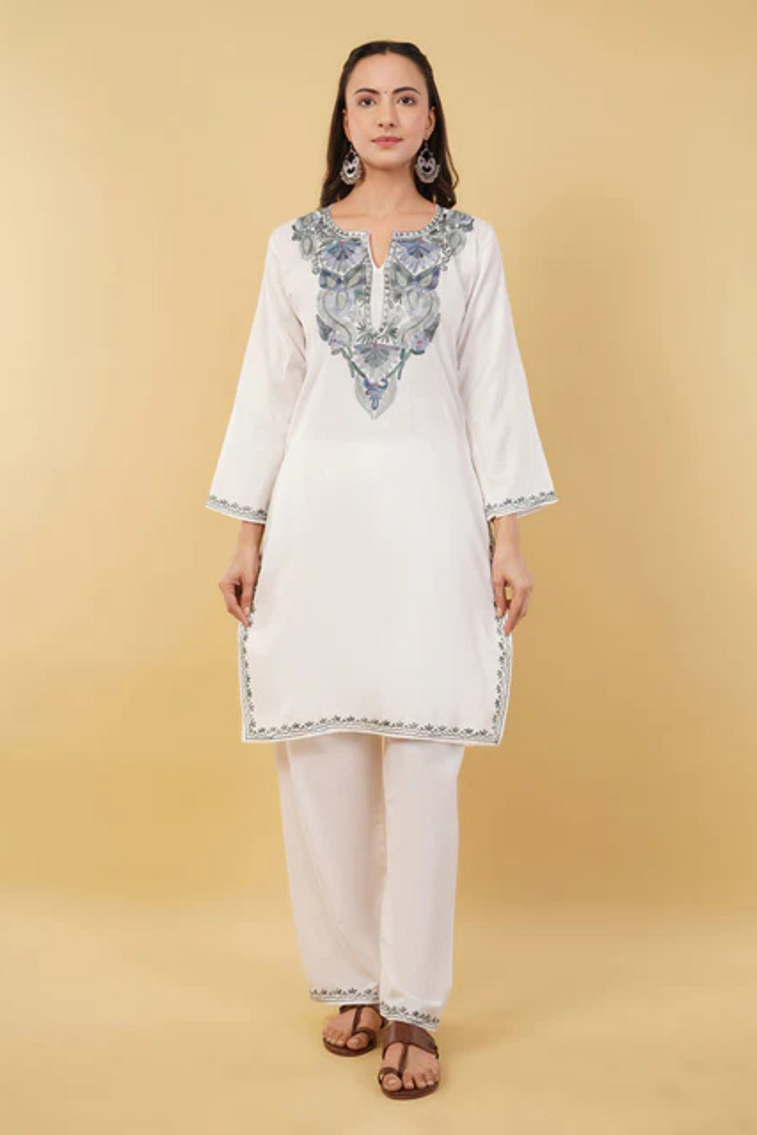 Kashmiri Aari embroidery Cotton Co-ord set Size-36 (White)