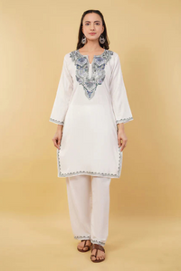 Kashmiri Aari embroidery Cotton Co-ord set Size-36 (White)