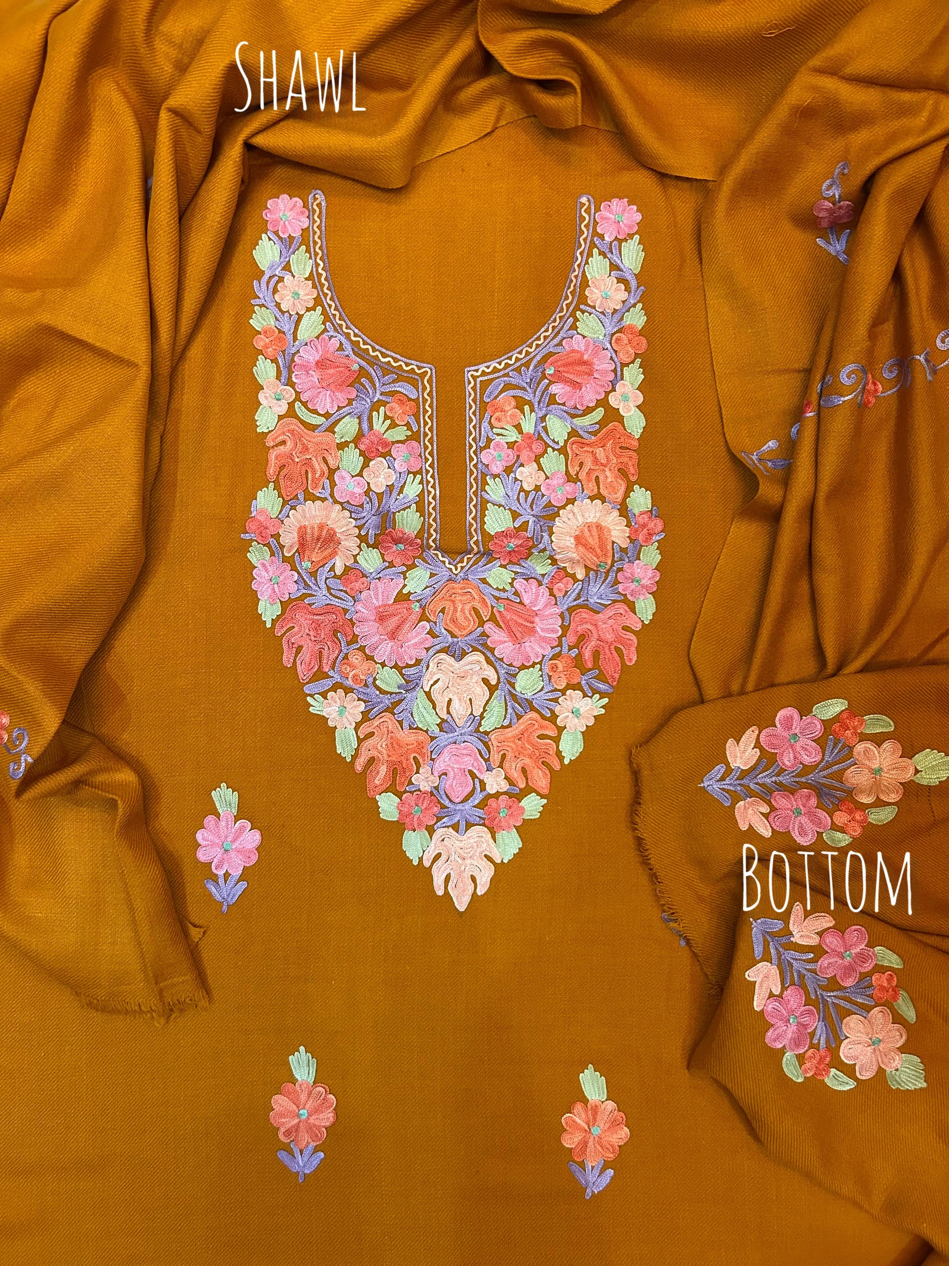 Premium Kashmiri Woolen Suit Set with Aari Embroidery | Winter Wear Fabric with Shawl & Bottom (Mustard)