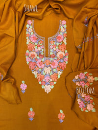 Premium Kashmiri Woolen Suit Set with Aari Embroidery | Winter Wear Fabric with Shawl & Bottom (Mustard)