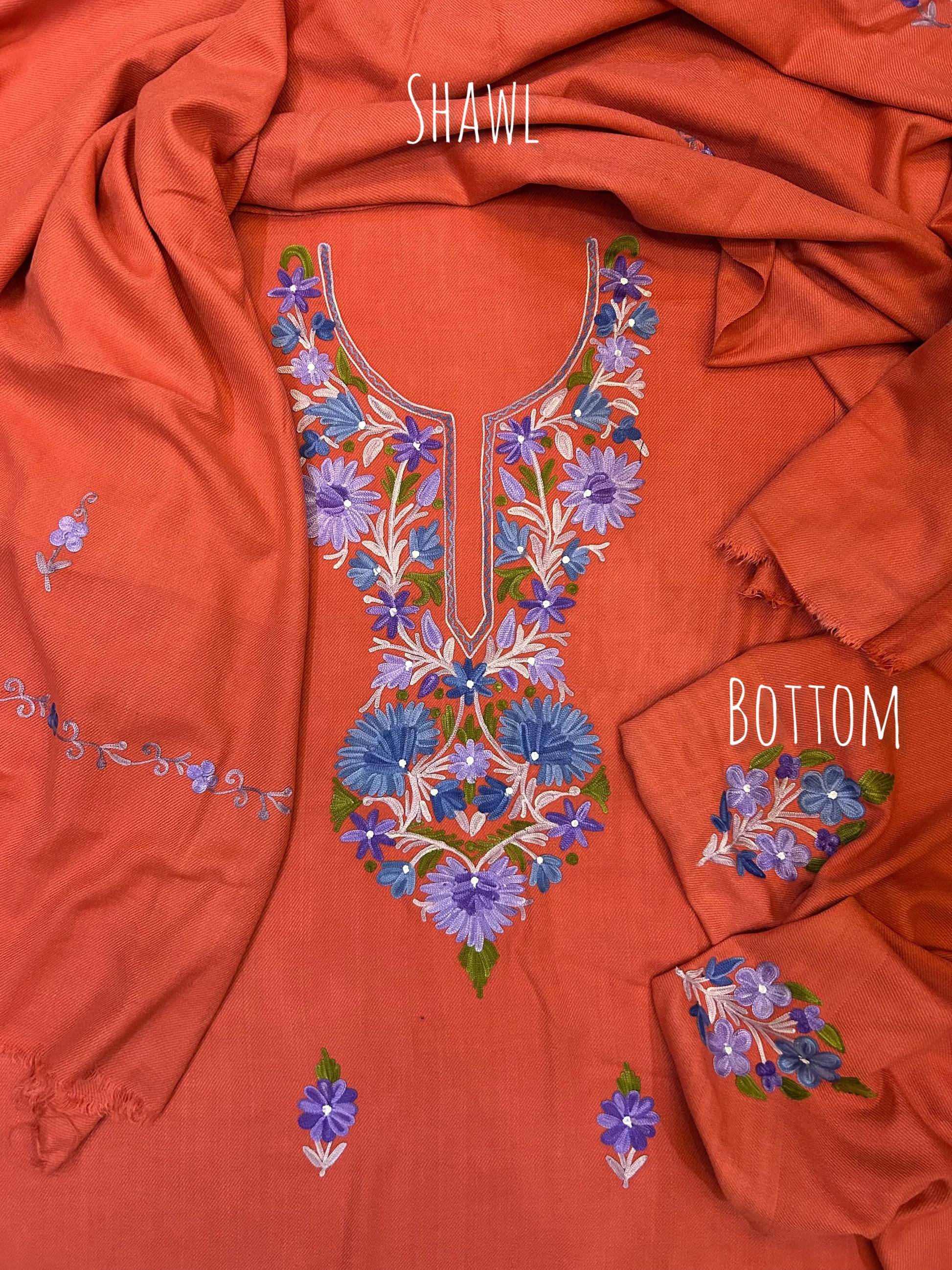 Premium Kashmiri Woolen Suit Set with Aari Embroidery | Winter Wear Fabric with Shawl & Bottom (Peach)