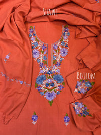Premium Kashmiri Woolen Suit Set with Aari Embroidery | Winter Wear Fabric with Shawl & Bottom (Peach)