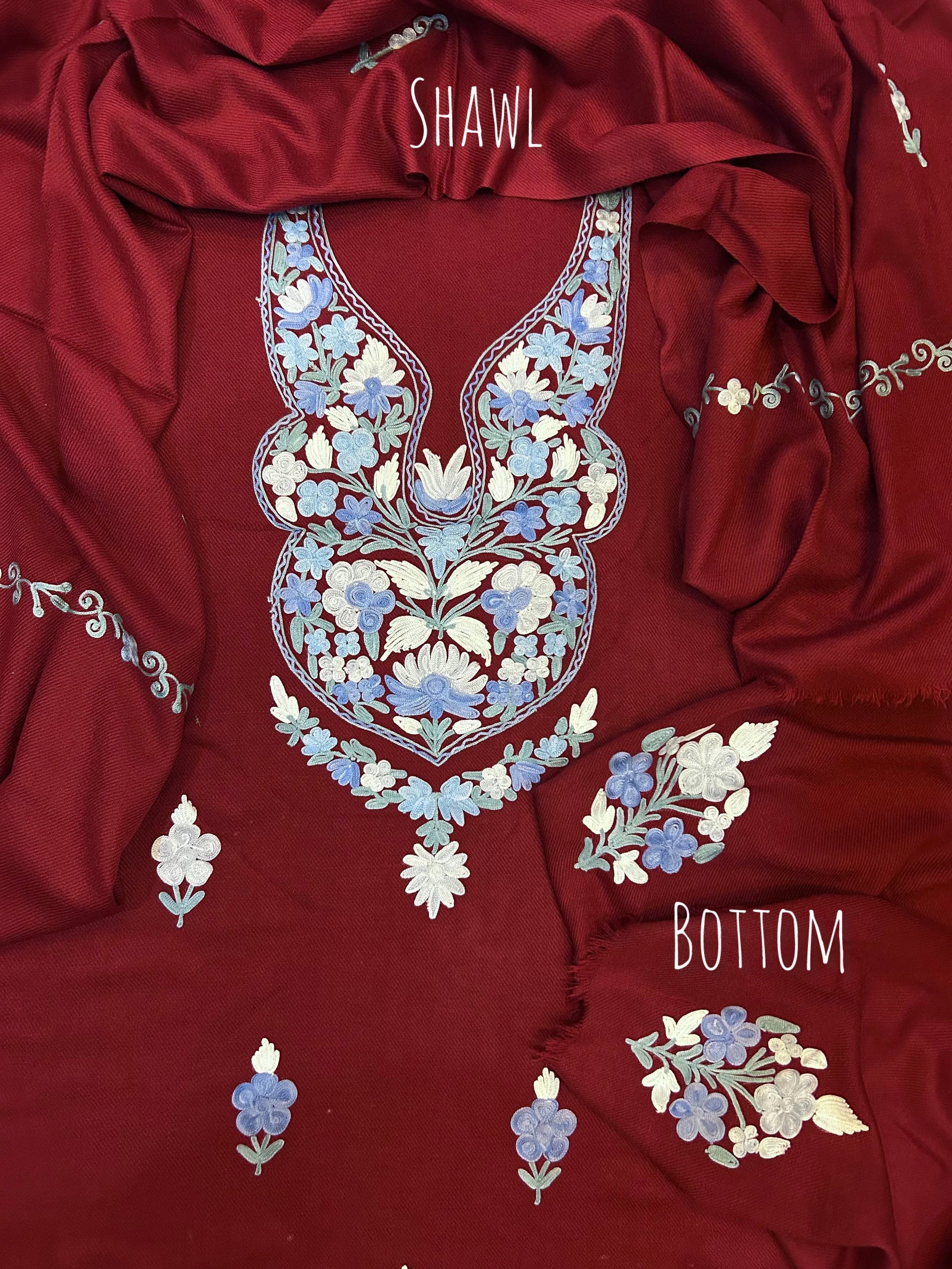 Premium Kashmiri Woolen Suit Set with Aari Embroidery | Winter Wear Fabric with Shawl & Bottom (Maroon)