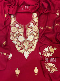 Premium Kashmiri Woolen Suit Set with Aari Embroidery | Winter Wear Fabric with Shawl & Bottom (Red)