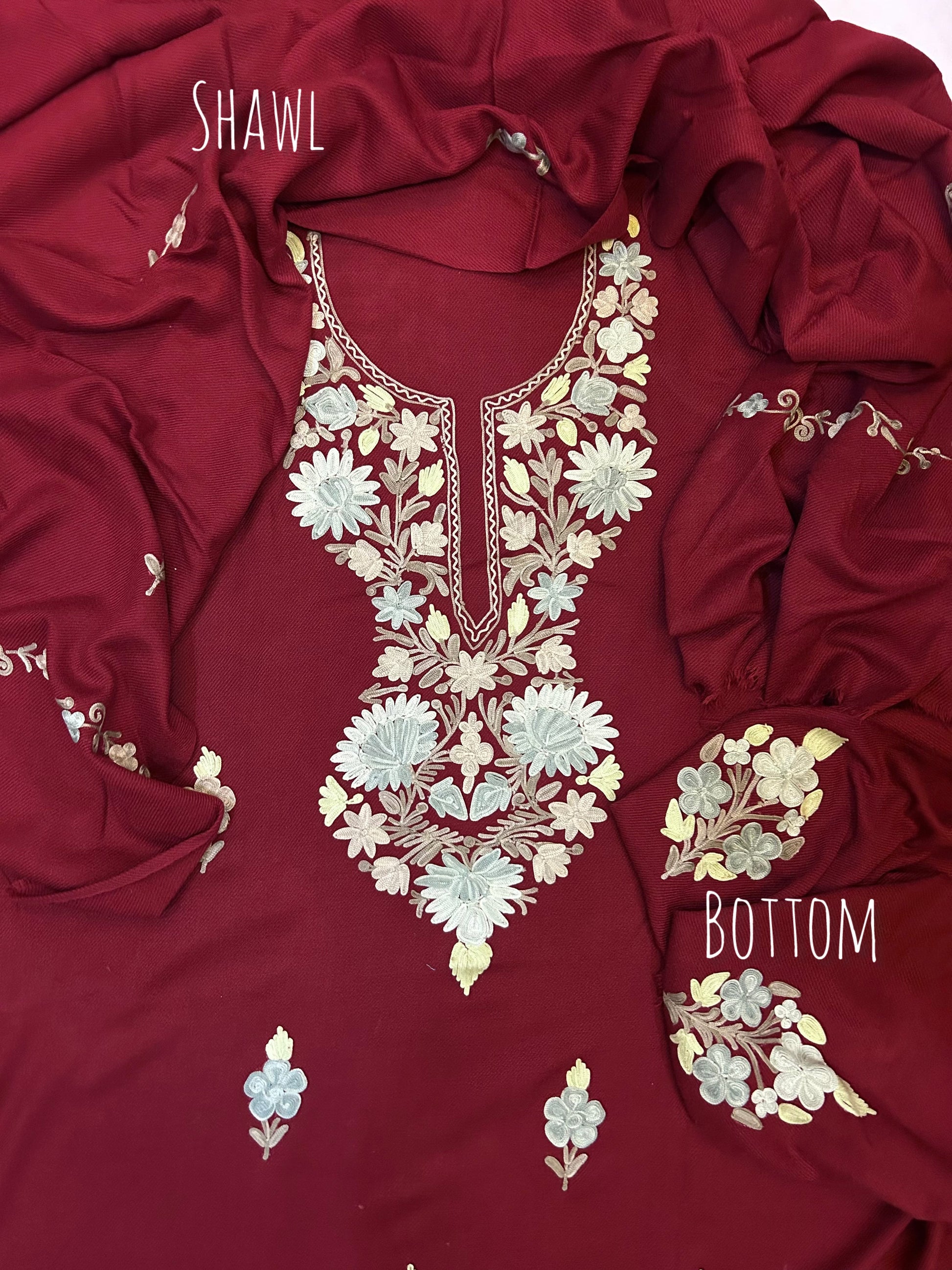 Premium Kashmiri Woolen Suit Set with Aari Embroidery | Winter Wear Fabric with Shawl & Bottom (Maroon)